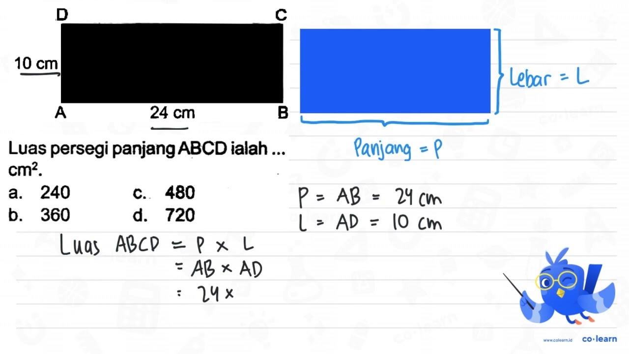 Luas persegi panjang ABCD ialah ... cm^(2) . a. 240 c. 480