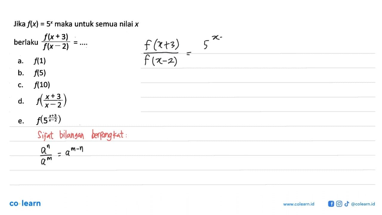 Jika f(x)=5^x maka untuk semua nilai x berlaku