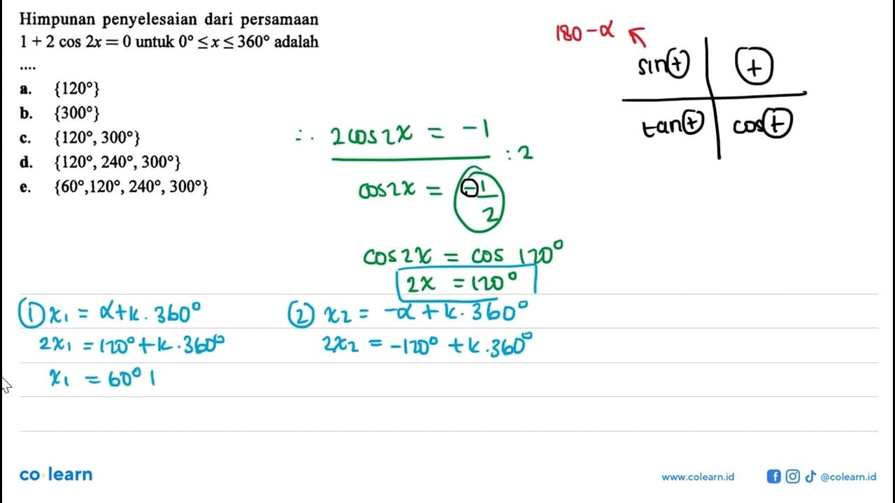 Himpunan penyelesaian dari persamaan 1+2cos 2x=0 untuk