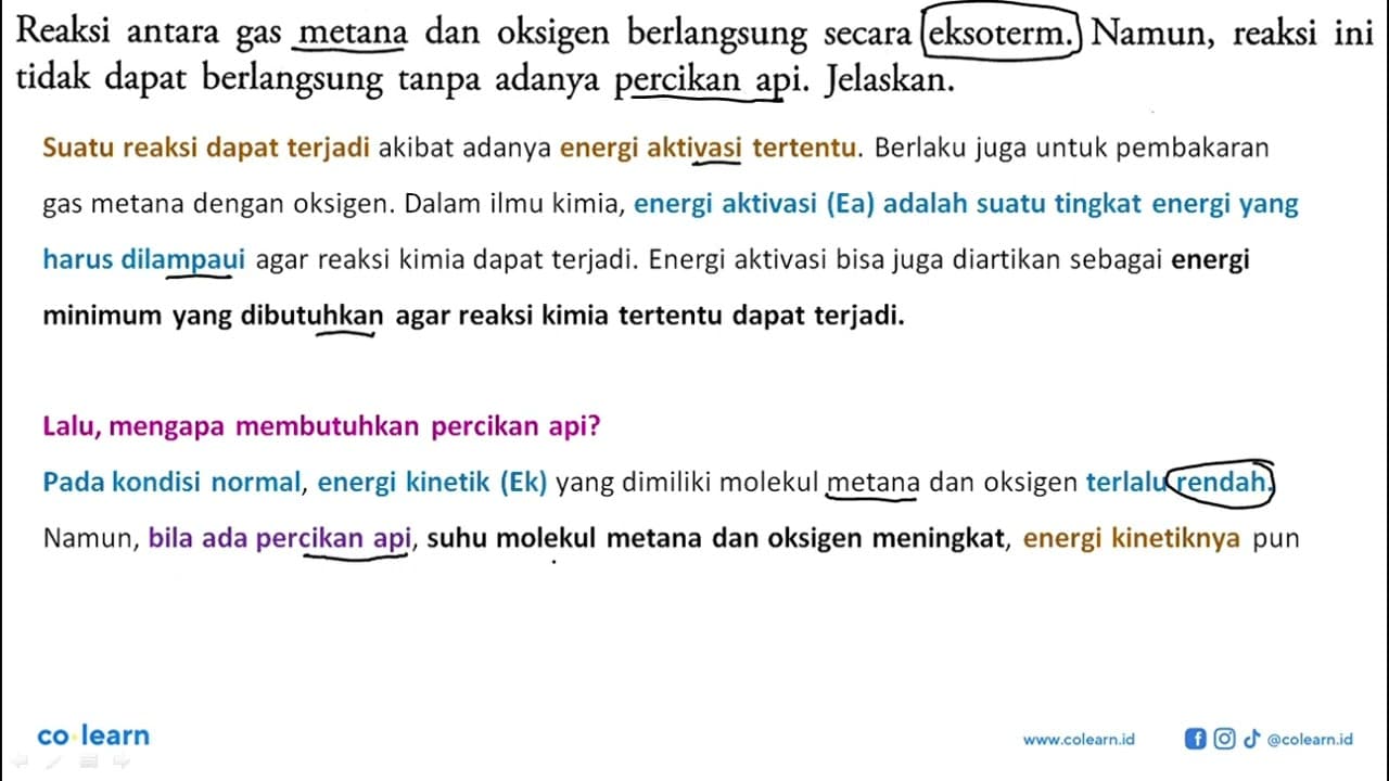 Reaksi antara gas metana dan oksigen berlangsung secara