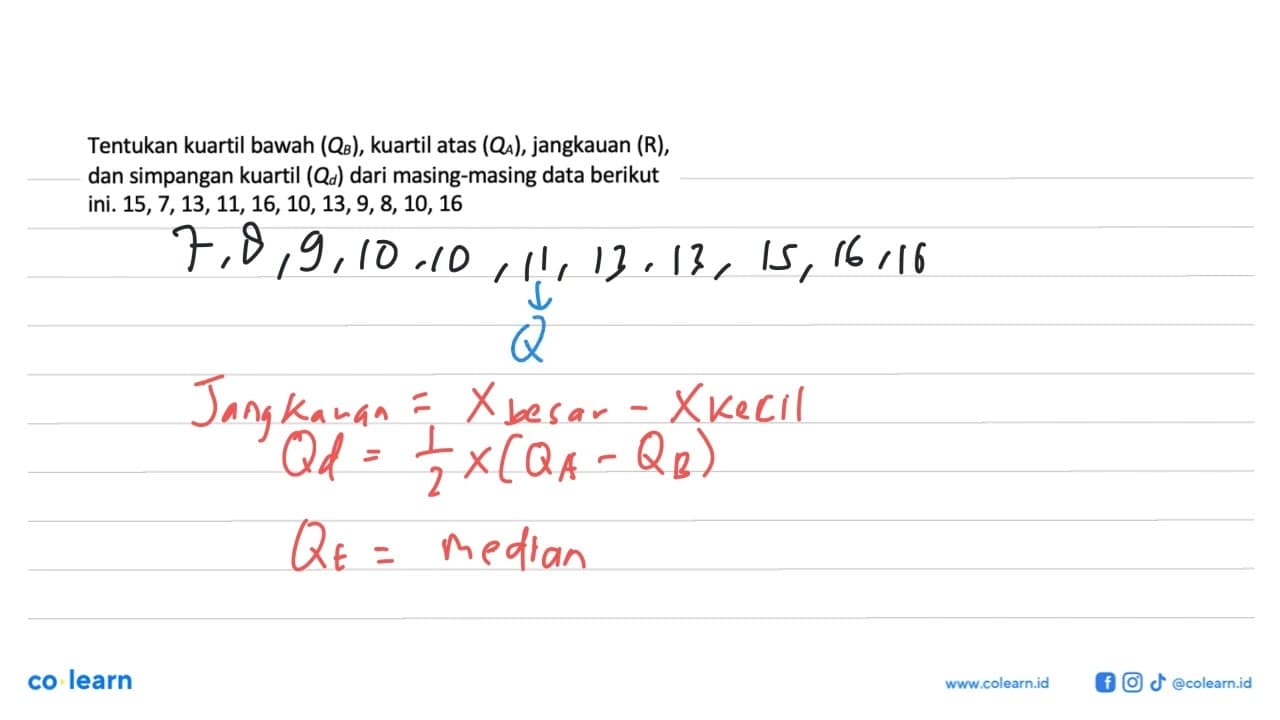 Tentukan kuartil bawah (QB), kuartil atas (QA), jangkauan