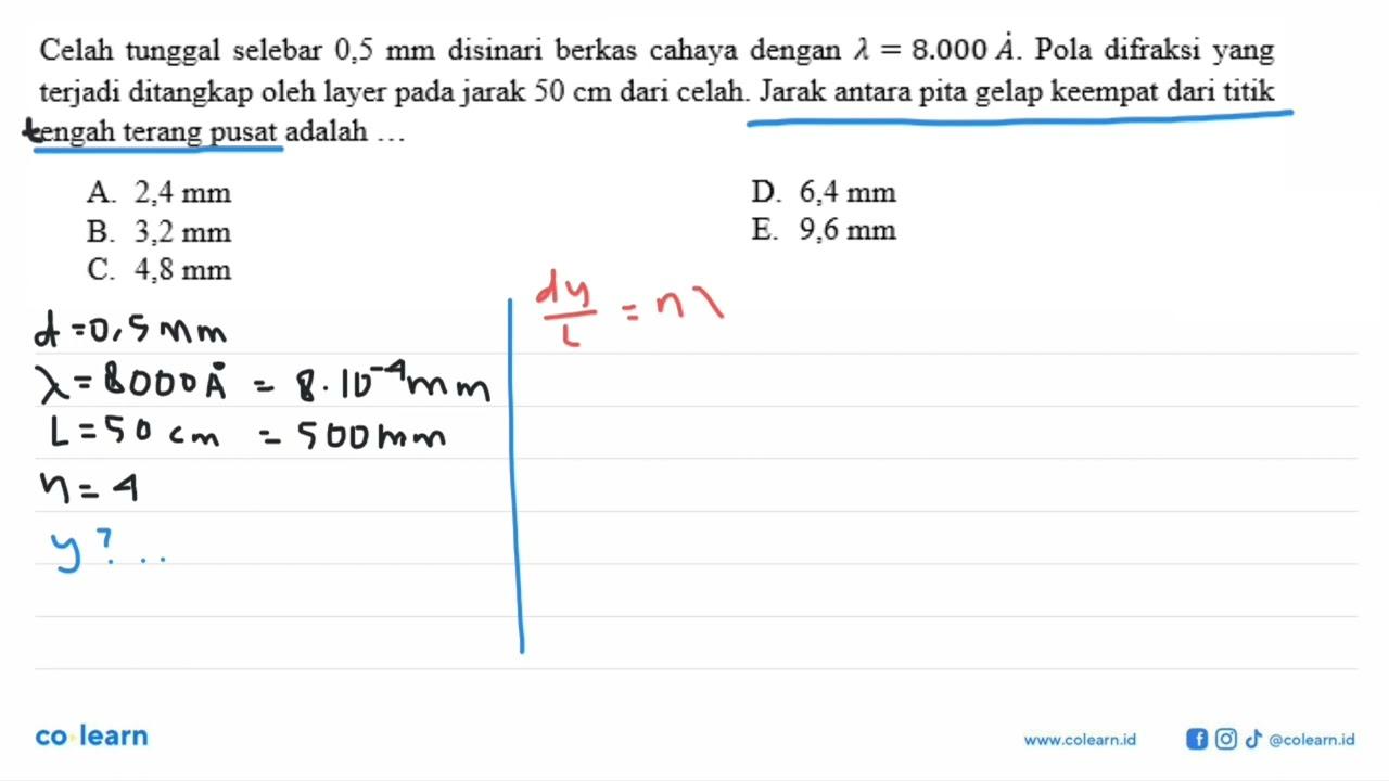 Celah tunggal selebar 0,5 mm disinari berkas cahaya dengan