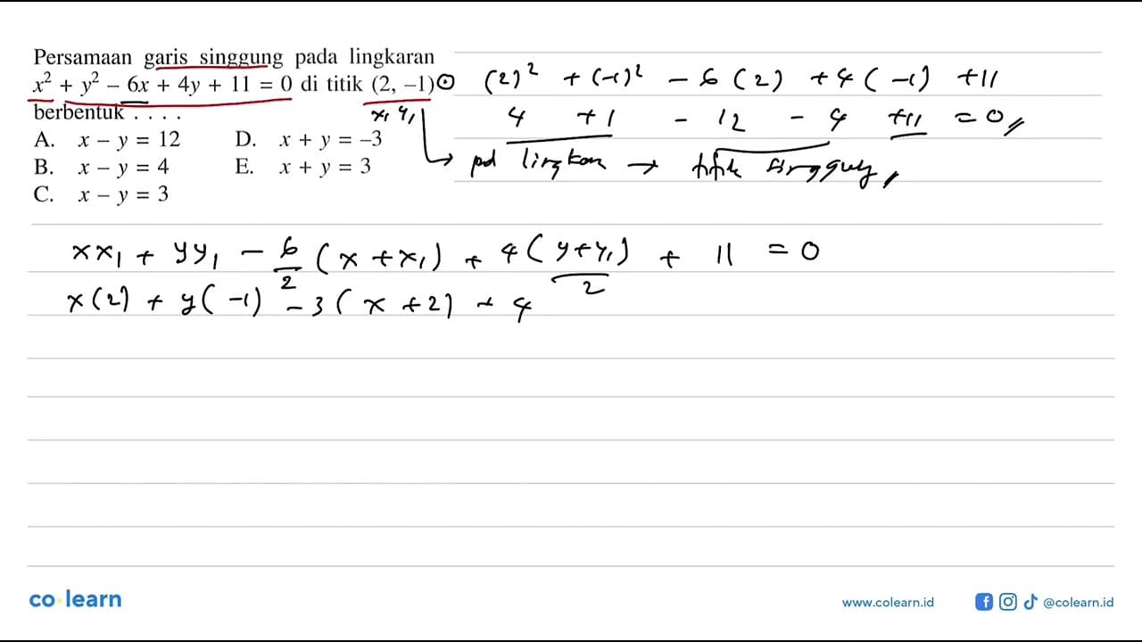 Persamaan garis singgung pada lingkaran x^2+y^2-6x+4y+11=0