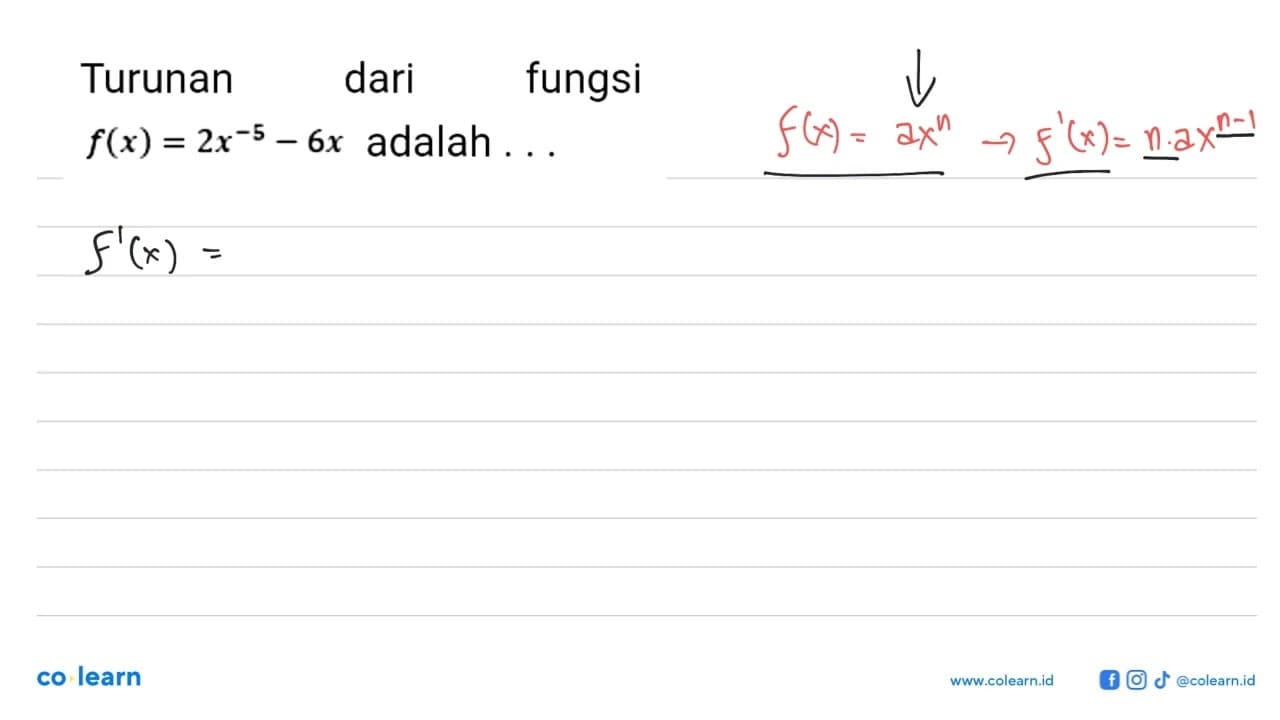 Turunan dari fungsi f(x)=2x^(-5)-6x adalah...