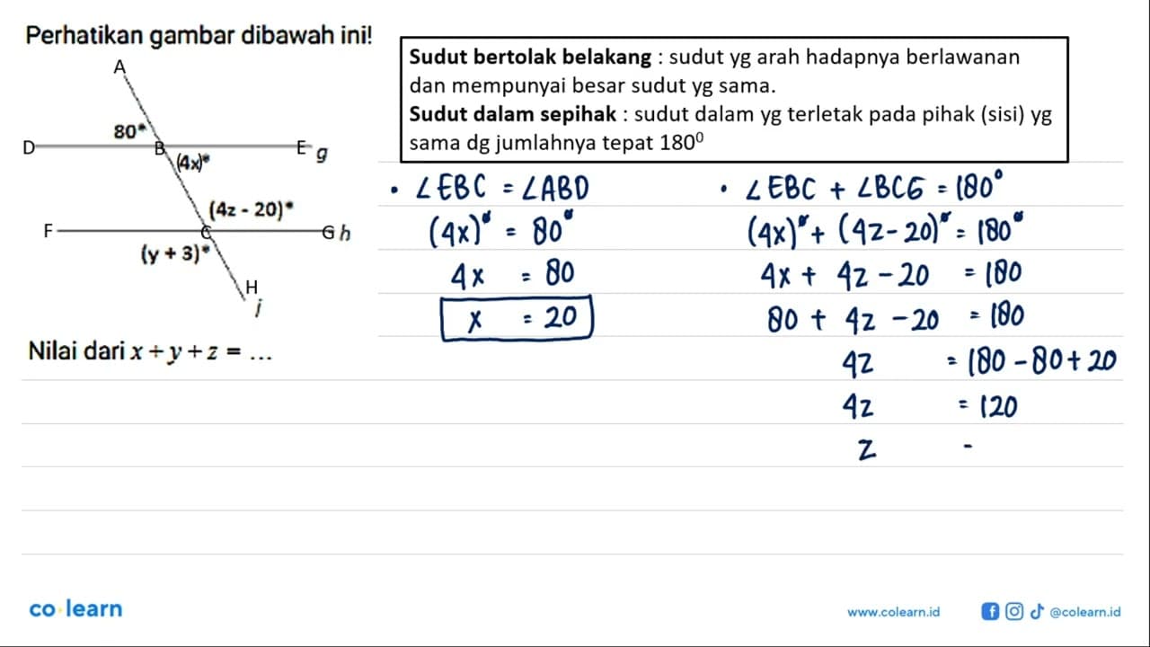 Perhatikan gambar dibawah ini! 80 4x 8 (4z-20) (y+3) Nilai