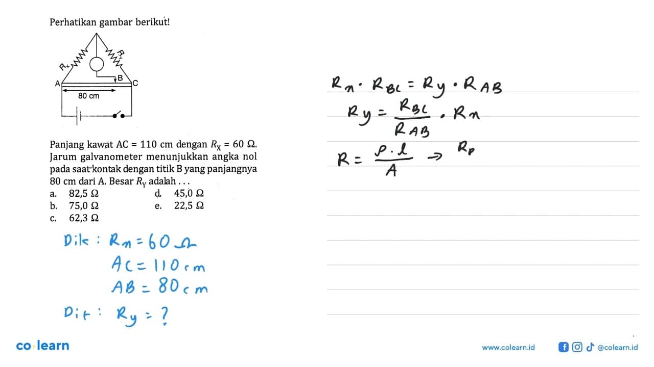 Perhatikan gambar berikut! A Rx=66 ohm B Ry C 80 cm Panjang