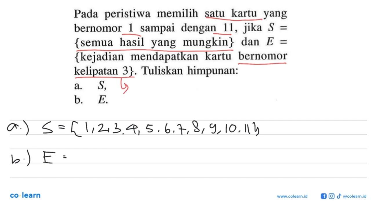 Pada peristiwa memilih satu kartu yang bernomor 1 sampai