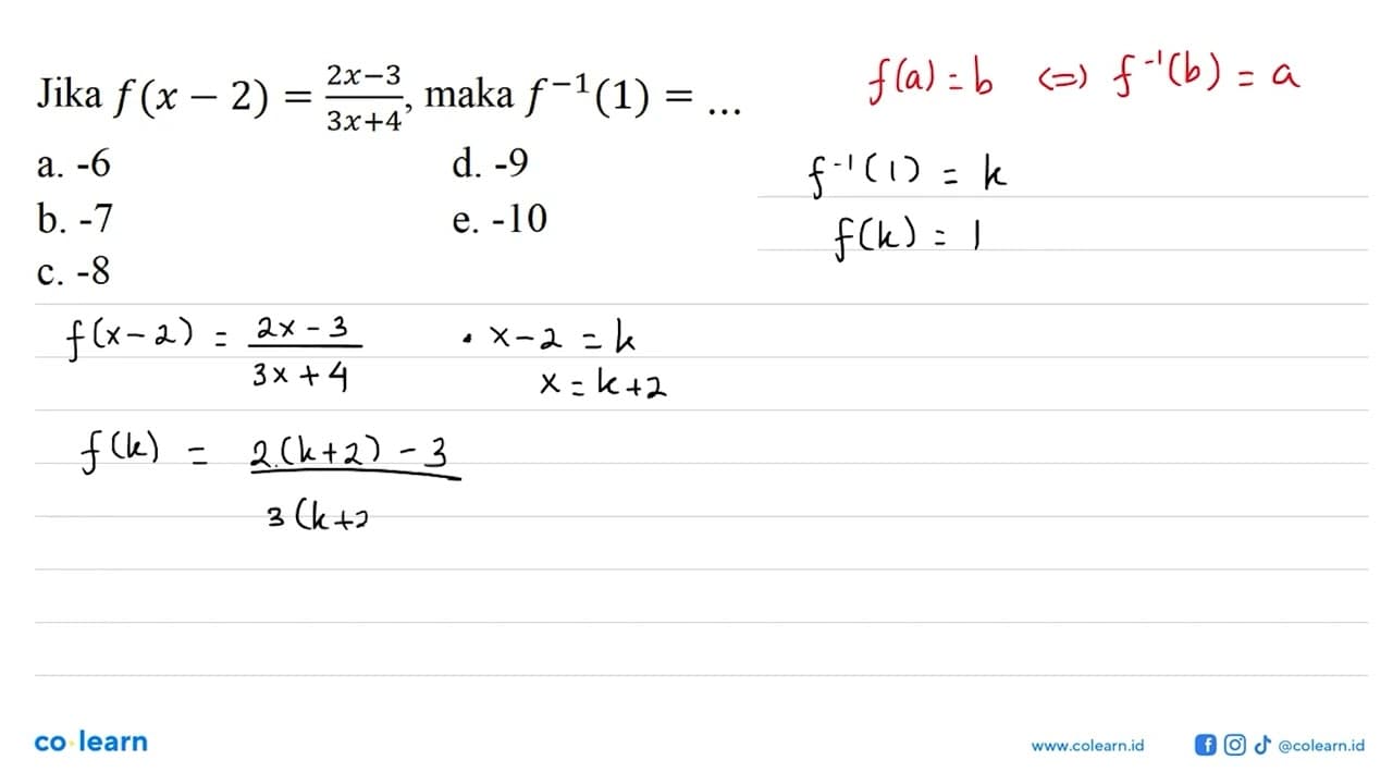 Jika f(x-2)=(2x-3)/(3x+4), maka f^(-1)(1)=...