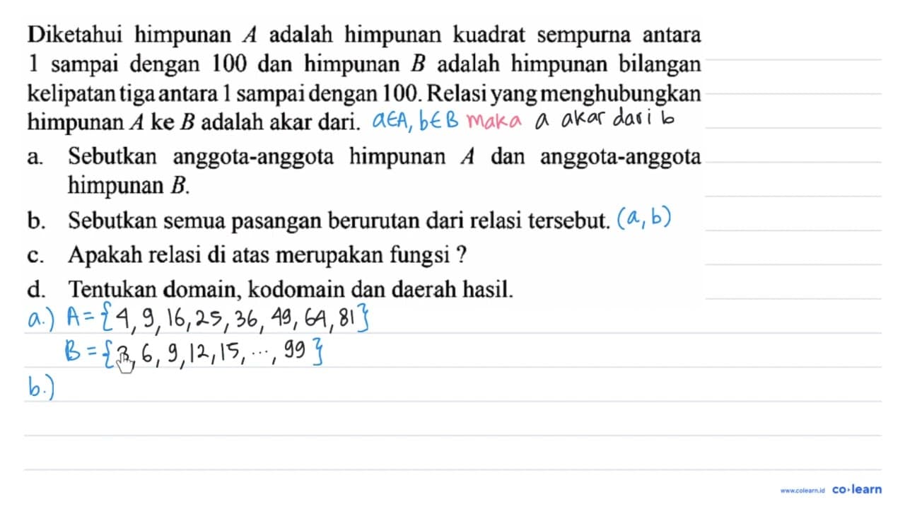 Diketahui himpunan A adalah himpunan kuadrat sempurna