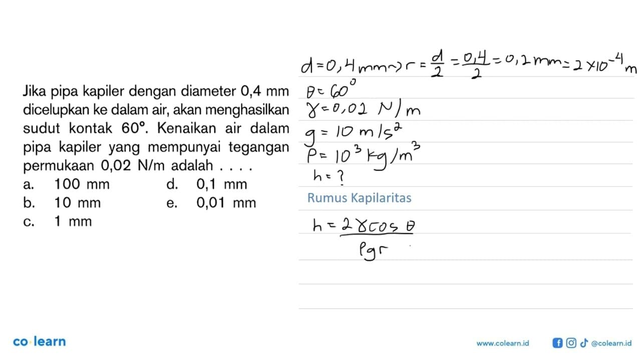 Jika pipa kapiler dengan diameter 0,4 mm dicelupkan ke