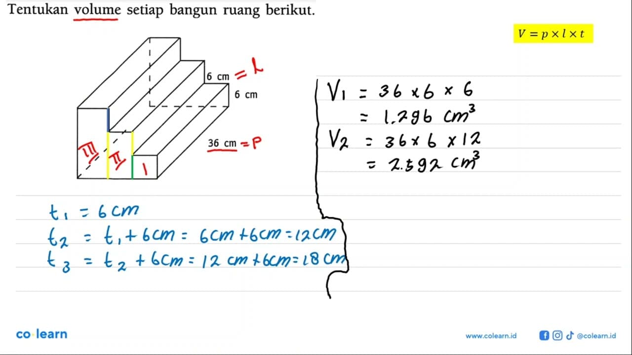 Tentukan volume setiap bangun ruang berikut.6 cm 6 cm 36 cm