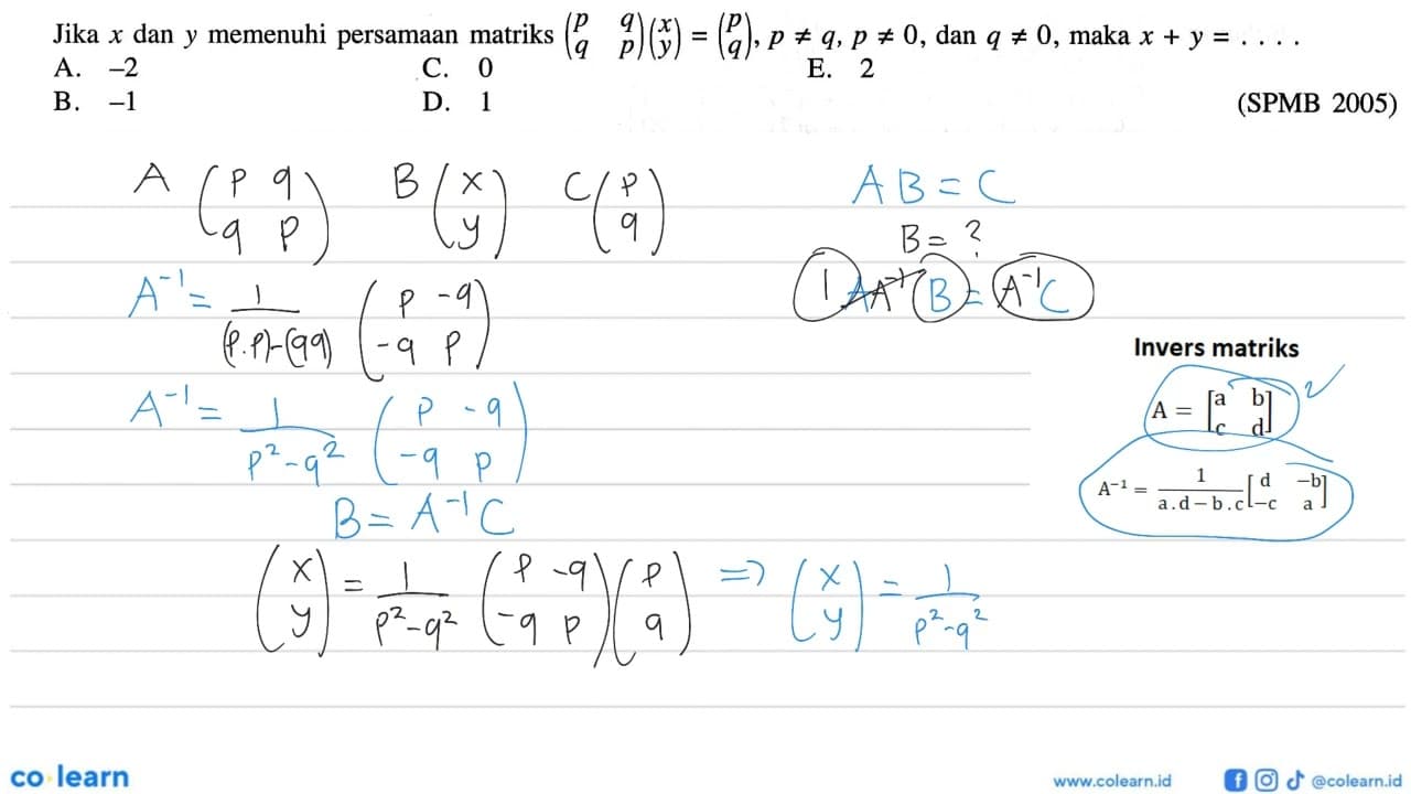 Jika x dan y memenuhi persamaan matriks (p q q p)(x y)=(p