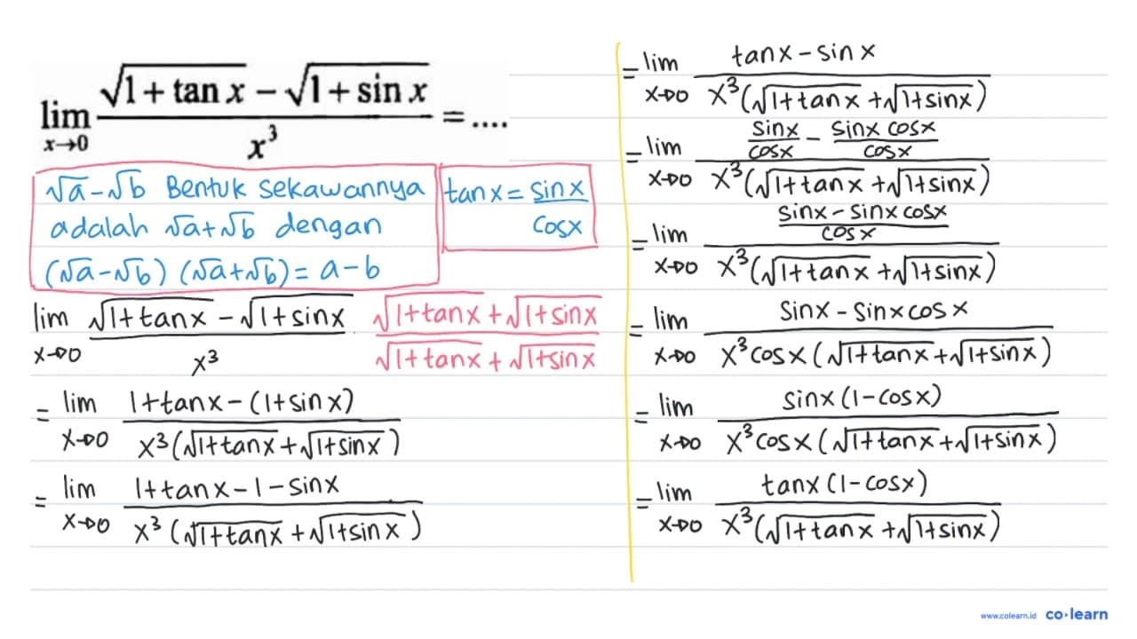 lim x-> (akar(1+tan x)-akar(1+sin x))/x^3= ....