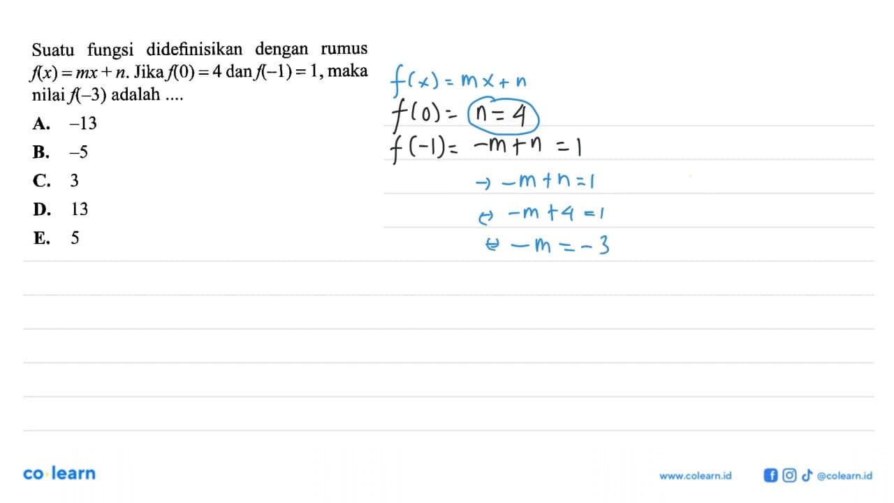 Suatu fungsi didefinisikan dengan rumus f(x) = mx + n. Jika