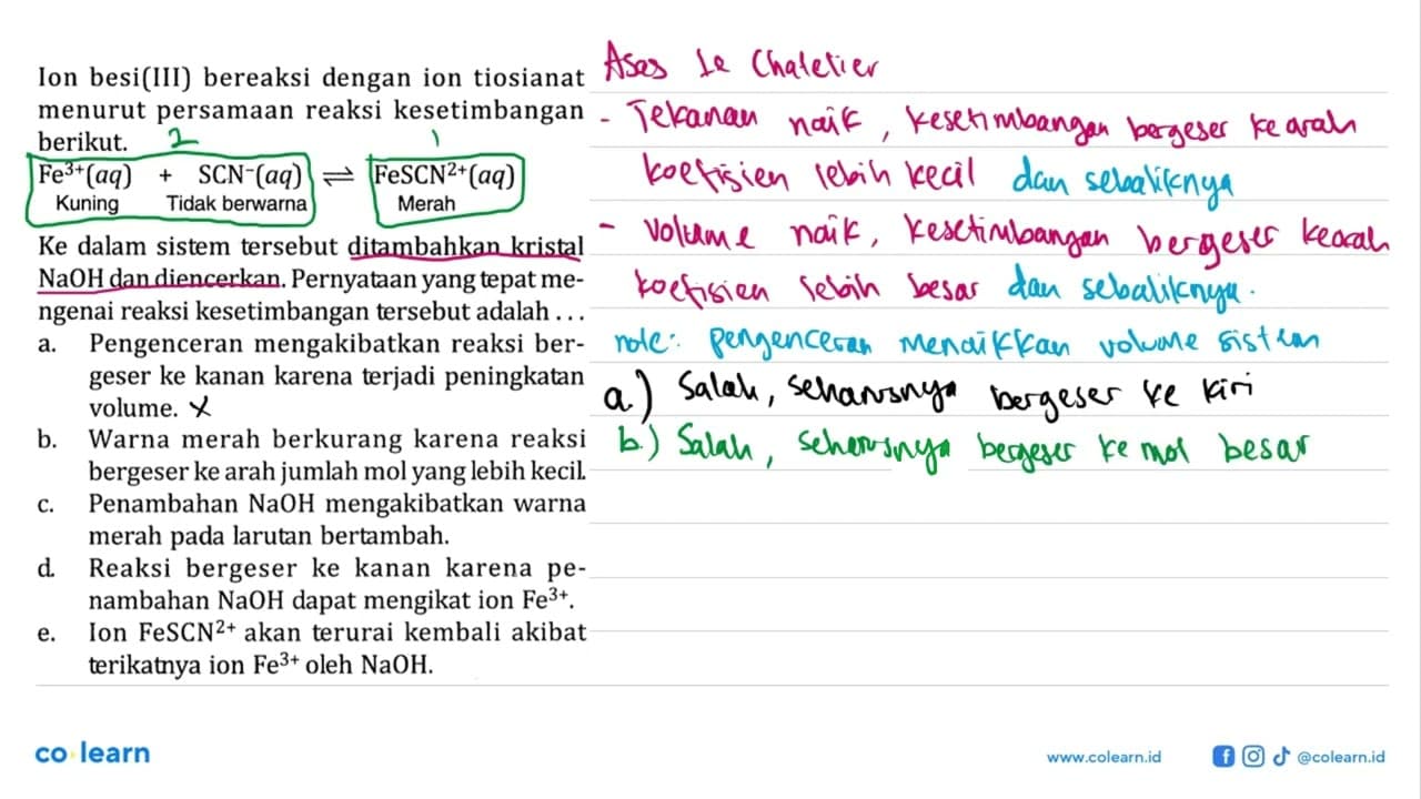 Ion besi(III) bereaksi dengan ion tiosianat menurut