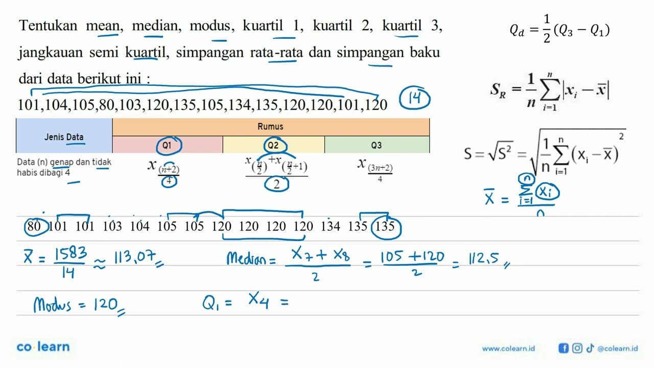 Tentukan mean, median, modus, kuartil 1, kuartil 2, kuartil