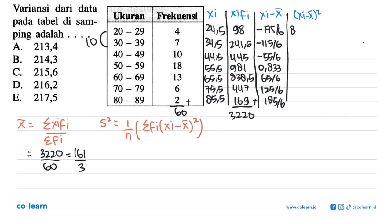 Variansi dari data pada tabel disamping adalah ... Ukuran