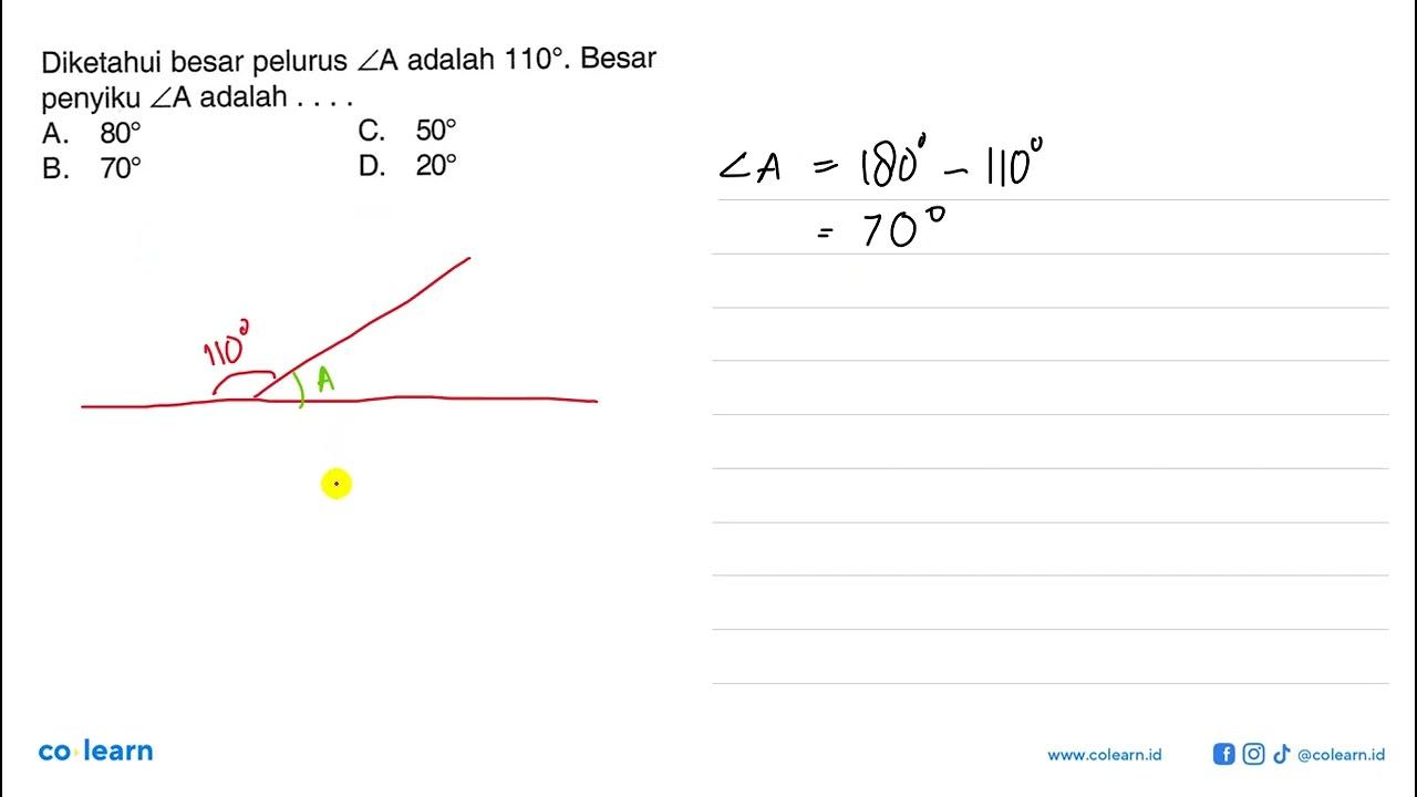 Diketahui besar pelurus sudut A adalah 110. Besar penyiku