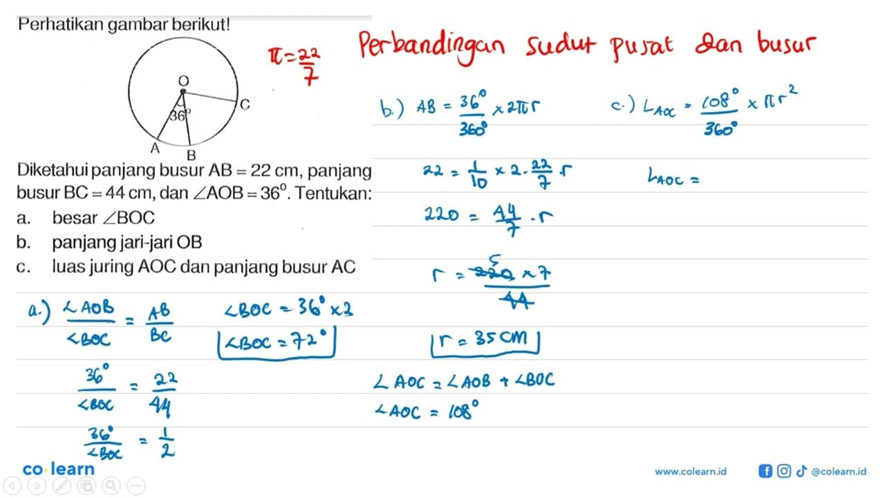 perhatikan gambar berikut!Diketahui panjang busur AB=22 cm,