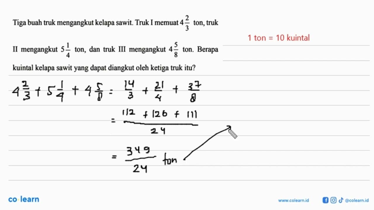 Tiga buah truk mengangkut kelapa sawit. Truk I memuat 4 2/3