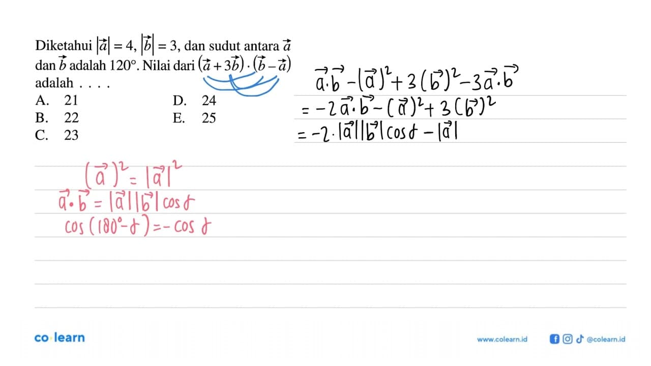 Diketahui |a|=4, |b|=3, dan sudut antara vektor a dan