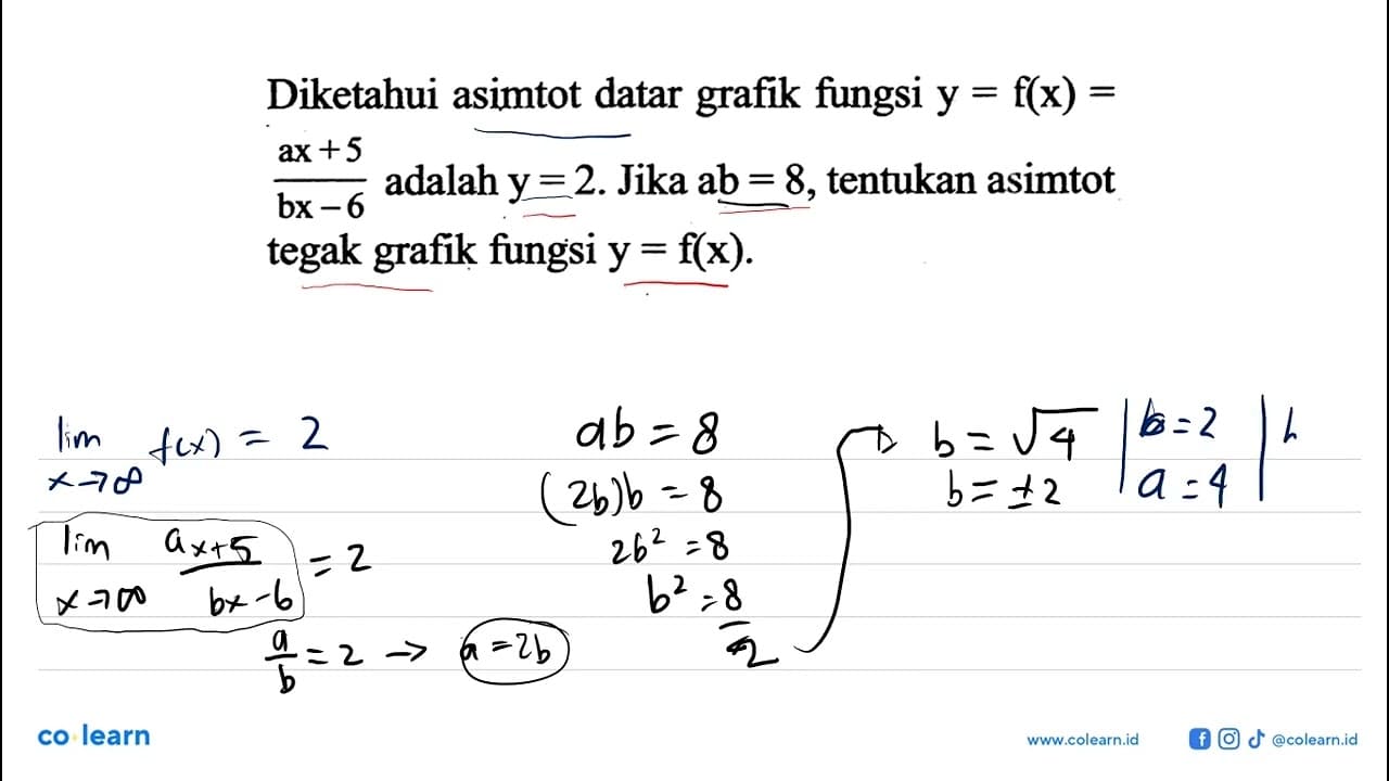 Diketahui asimtot datar grafik fungsi y=f(x)=(ax+5)/(bx-6)