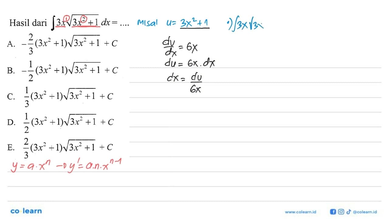 Hasil dari integral 3xakar(3x^2+1) dx= ...