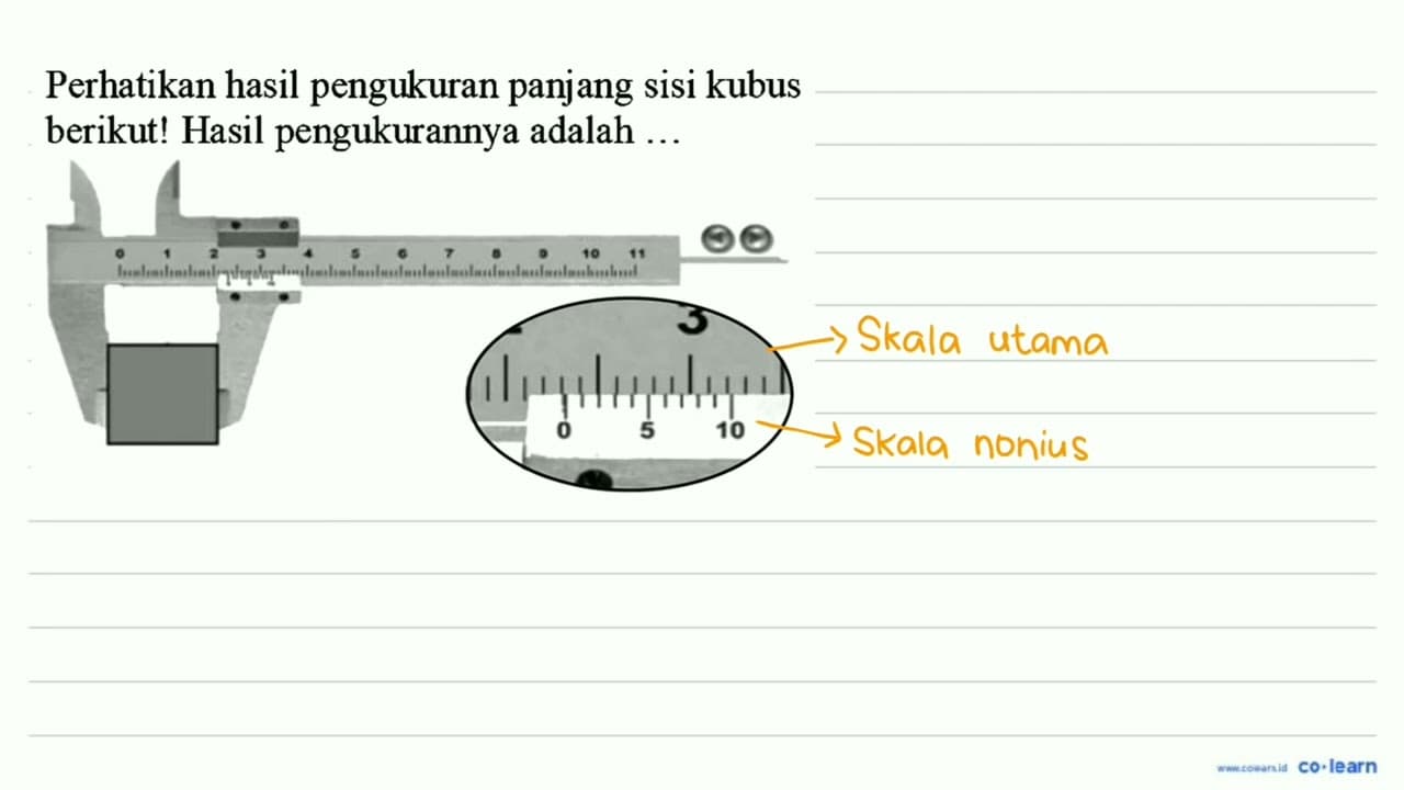 Perhatikan hasil pengukuran panjang sisi kubus berikut!