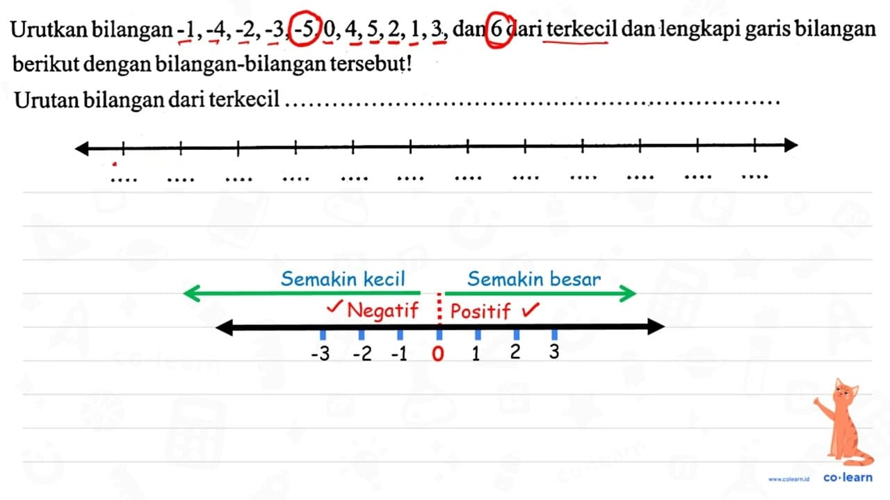 Urutkan bilangan -1,-4,-2,-3,-5,0,4,5,2,1,3 , dan 6 dari