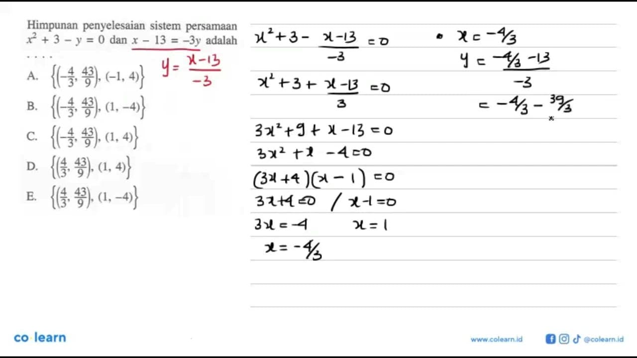 Himpunan penyelesaian sistem persamaan x^2+3-y=0 dan