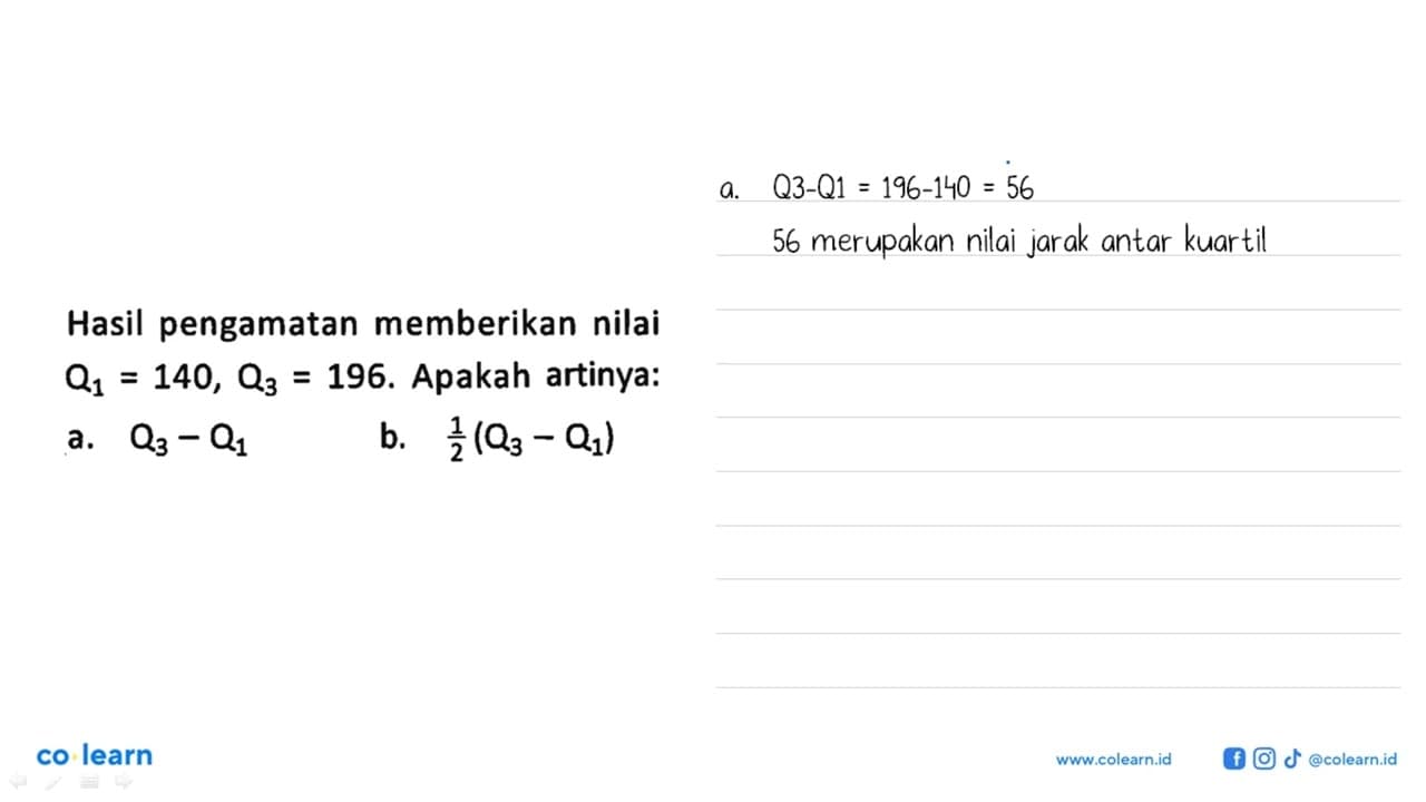 Hasil pengamatan memberikan nilai Q1=140, Q3=196. Apakah