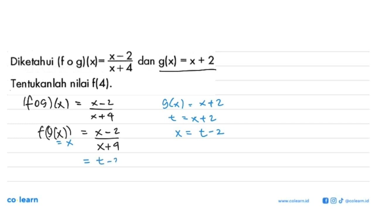 Diketahui (fog)(x)=(x-2)/(x+4) dan g(x)=x+2 Tentukanlah