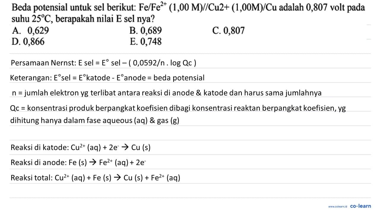 Beda potensial untuk sel berikut: Fe I Fe^(2+) (1,00 M) II