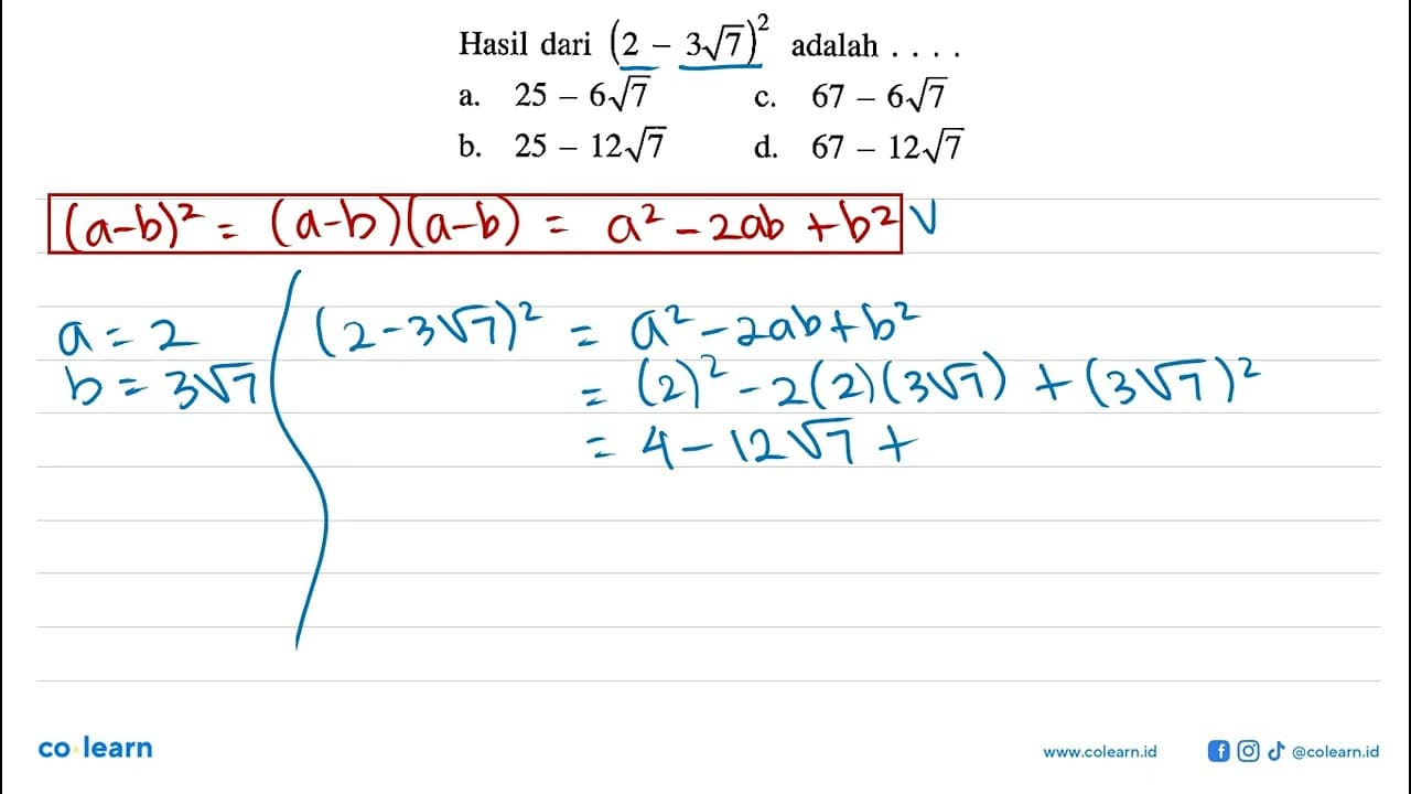 Hasil dari (2-3akar(7))^2 adalah