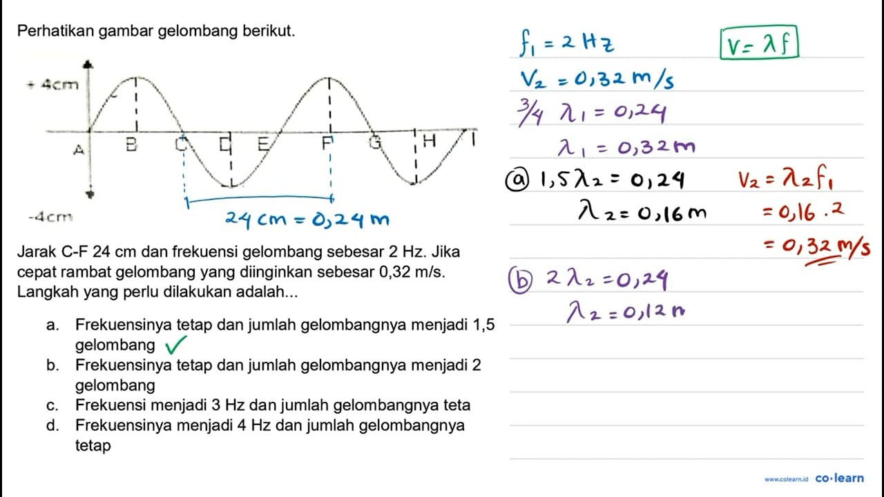 Perhatikan gambar gelombang berikut. Jarak C-F 24 cm dan