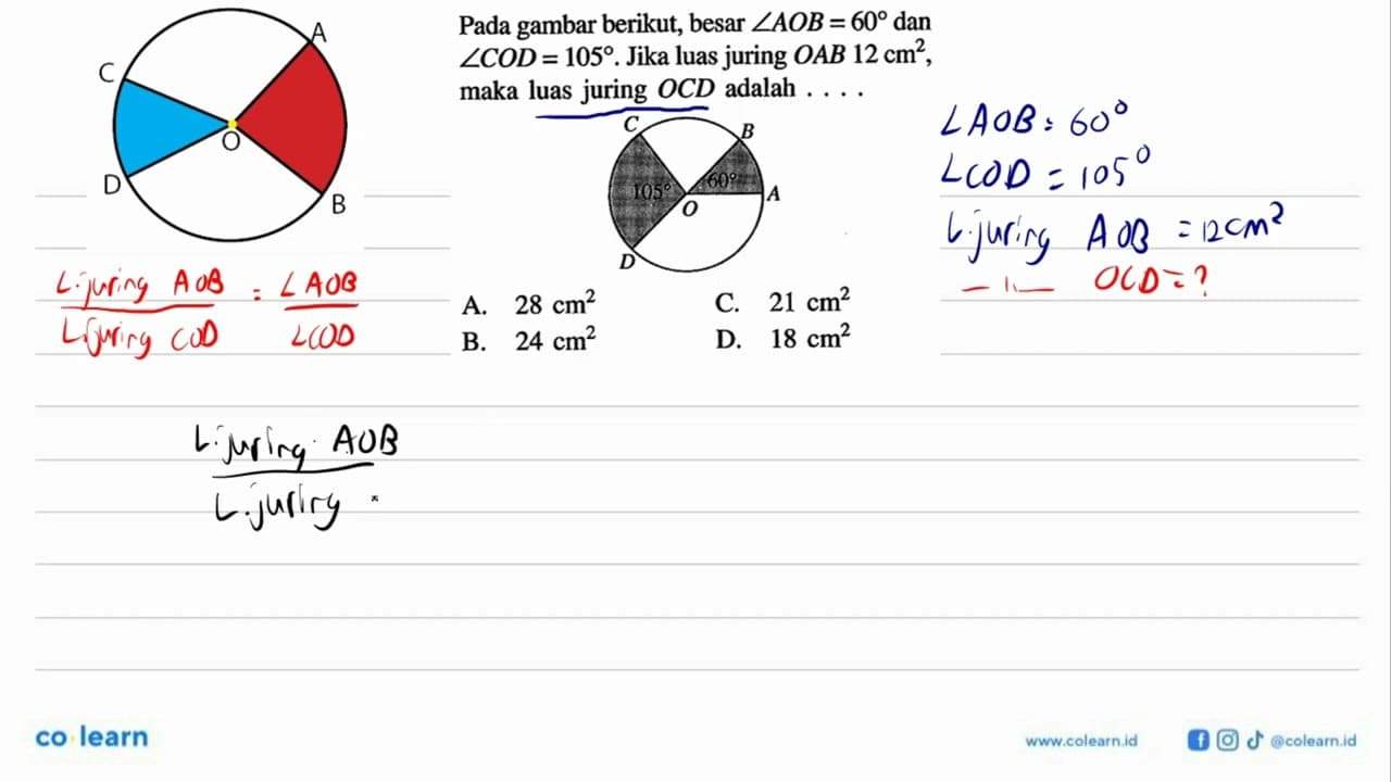 Pada gambar berikut, besar sudut AOB=60 dan sudut COD=105.