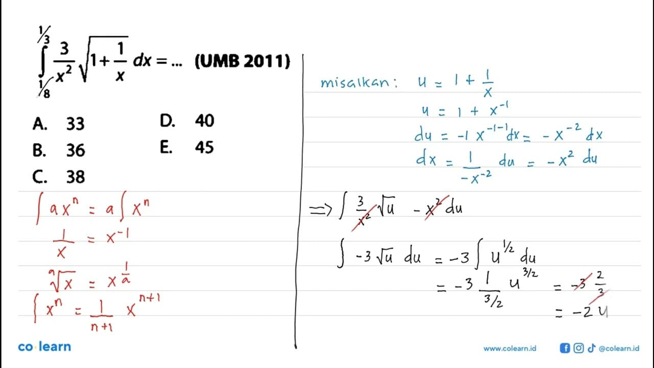 integral 1/8 1/3 3/x^2 akar(1 + 1/x) dx=... (UMB 2011)