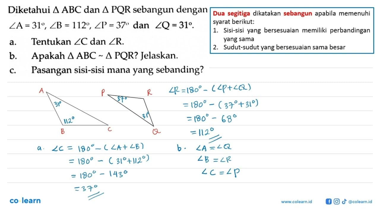 Diketahui segitiga ABC dan segitiga PQR sebangun dengan