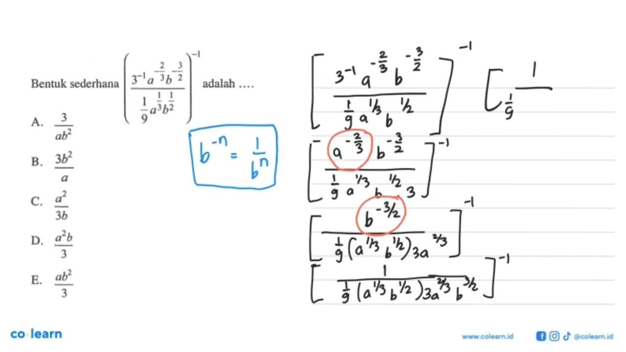 Bentuk sederhana ((3^(-1) a^(-2/3) b^(-3/2))/(1/9 a^(1/3)