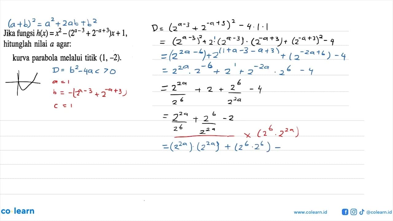 Jika fungsi h(x)=x^2-(2^(a-3)+2^(-a+3))x+1, hitunglah nilai