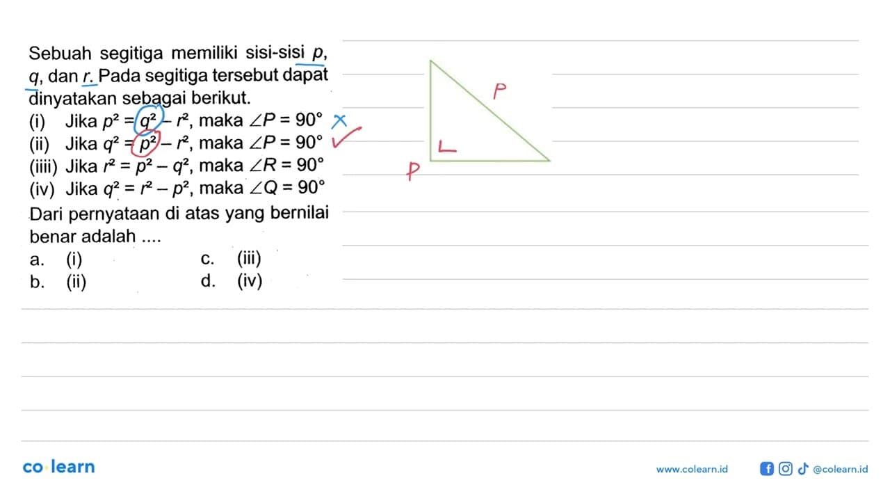 Sebuah segitiga memiliki sisi-sisi p, q, dan r. Pada