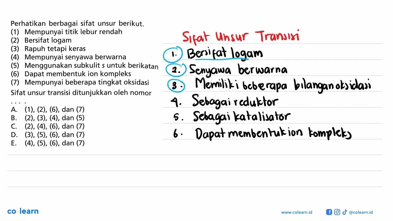 Perhatikan berbagai sifat unsur berikut. (1) Mempunyai