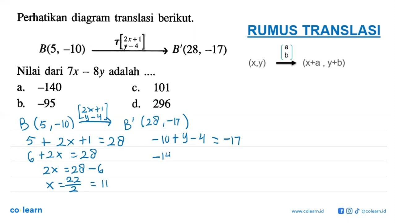 Perhatikan diagram translasi berikut. B(5,-10) T[2x+1 y-4]