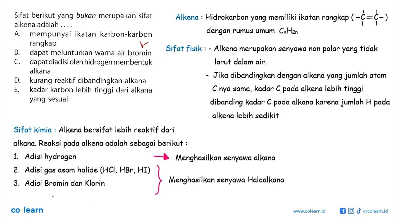 Sifat berikut yang bukan merupakan sifat alkena adalah....