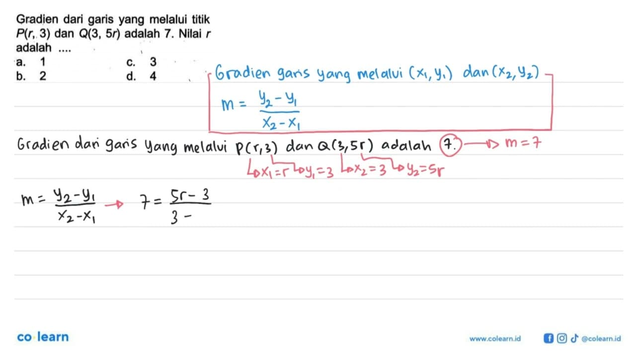 Gradien dari garis yang melalui titik P(r, 3) dan Q(3, 5r)