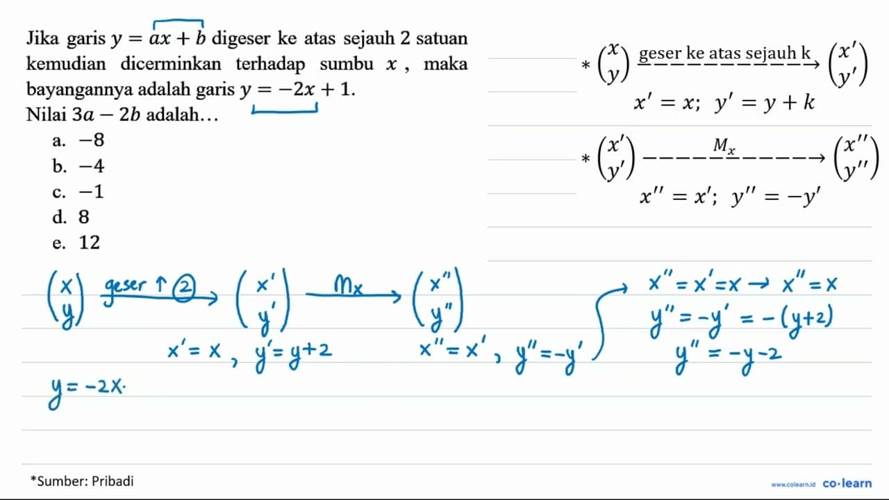 Jika garis y=ax+b digeser ke atas sejauh 2 satuan kemudian