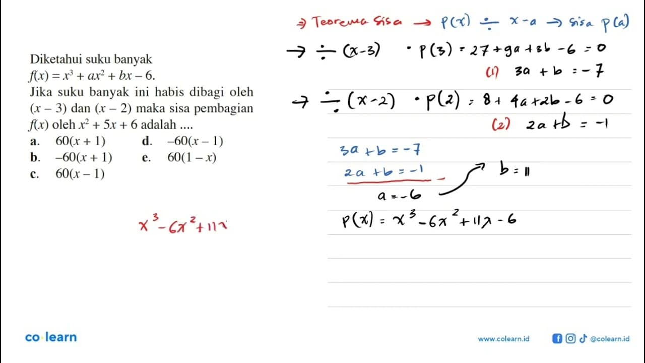 Diketahui suku banyak f(x) = x^3 + ax^2 + bx - 6. Jika suku