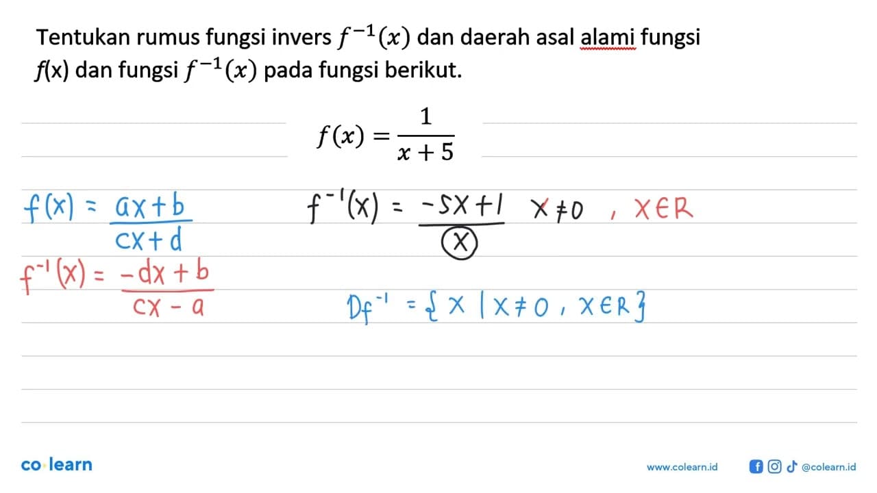 Tentukan rumus fungsi invers f^(-1)(x) dan daerah asal