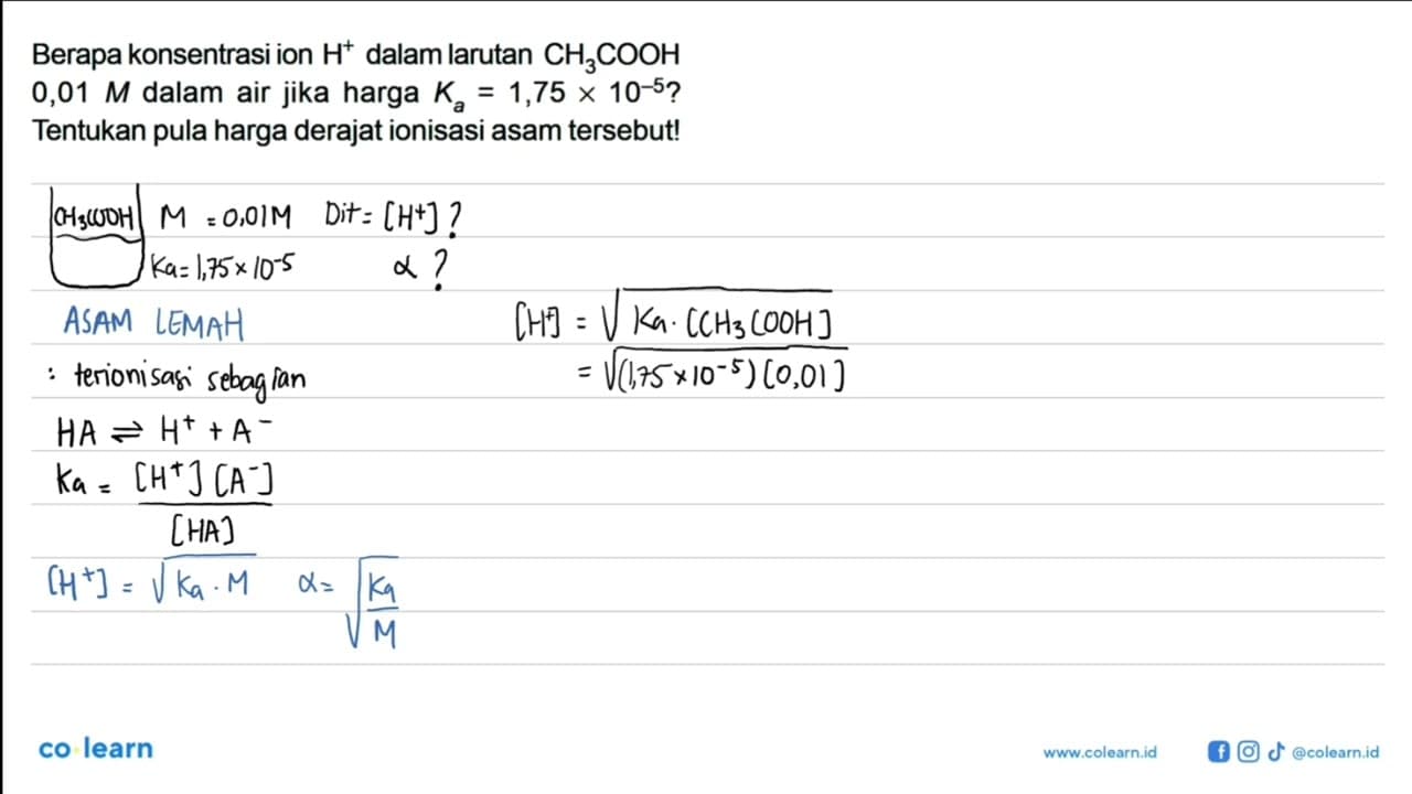 Berapa konsentrasi ion H^+ dalam larutan CH3COOH 0,01 M