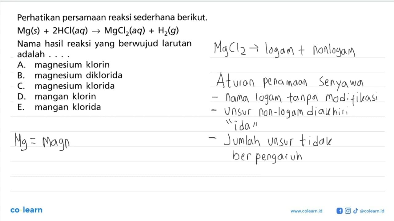 Perhatikan persamaan reaksi sederhana berikut. Mg(s) + 2